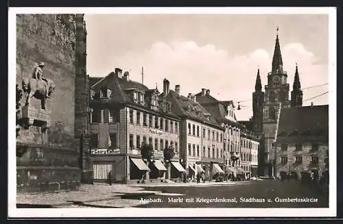 AK Ansbach, Markt mit Kriegerdenkmal, Stadthaus und Gumbertuskirche