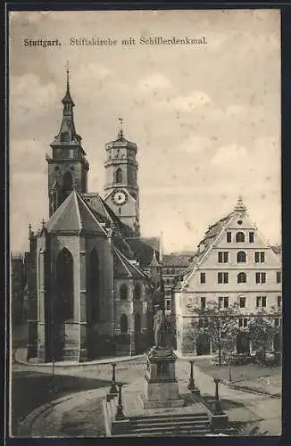 AK Stuttgart, Stiftskirche mit Schillerdenkmal