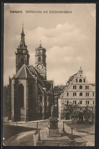 AK Stuttgart, Stiftskirche mit Schillerdenkmal