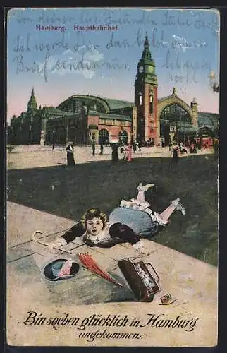 AK Hamburg-St.Georg, Hauptbahnhof, Bin soeben glücklich in Hamburg angekommen, Frau fällt auf den Boden