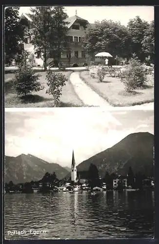 AK Pottach-Egern, Totale mit Kirche, Haus mit Garten