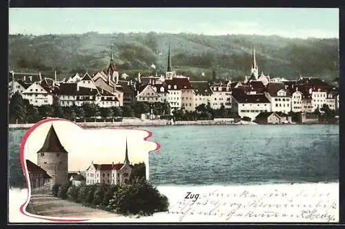 AK Zug, Ortsansicht über den See und Ansicht der Burg