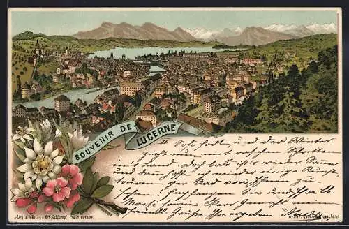 Lithographie Luzern, Totalansicht mit Alpenpanorama
