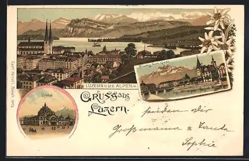 Lithographie Luzern, Ortsansicht und die Alpen, Bahnhof und Pilatus vom Quai