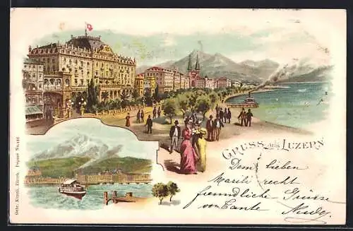 Lithographie Luzern, Teilansicht mit Promenade, Dampfer in Fahrt