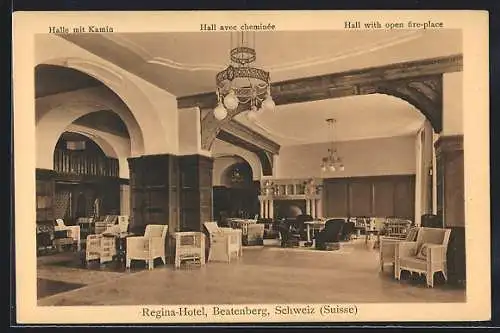 AK Beatenberg, Regina-Hotel, Halle mit Kamin, Innenansicht