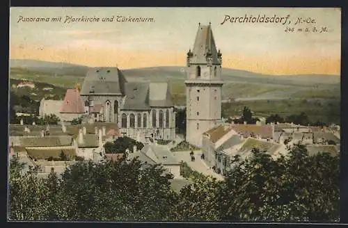 AK Perchtoldsdorf /Niederösterreich, Panorama mit Pfarrkirche und Türkenturm