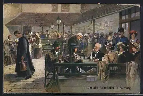 Künstler-AK F. Kulstrunk: Salzburg, Der alte Peterskeller, viele Gäste