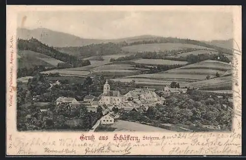 AK Schäffern /Steiermark, Totalansicht von einem Berg aus