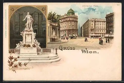 Lithographie Wien I, Albrechtsplatz, Mozart-Denkmal