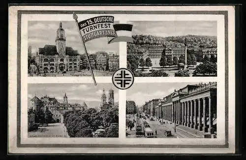 AK Stuttgart, 15. Deutsches Turnfest 1933, Rathaus, Neues Schloss, Altes Schloss, Strassenbahn