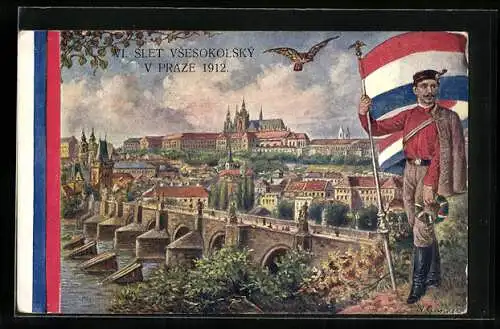 AK Prag, VI. Slet Vsesokolský v Praze 1912, Turnfest, Turner mit Flagge