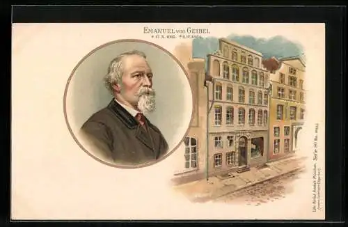 Lithographie Porträt Emanuel von Geibel, Wohnhaus