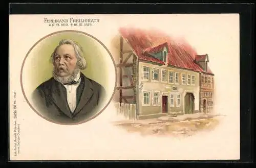 Lithographie Porträt Ferdinand Freiligrath, Wohnhaus