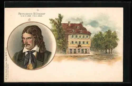 Lithographie Porträt Friedrich Rückert, Wohnhaus