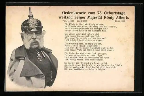 AK Portrait und Gedenkworte zum 75. Geburtstage weiland Seiner Majestät König Alberts