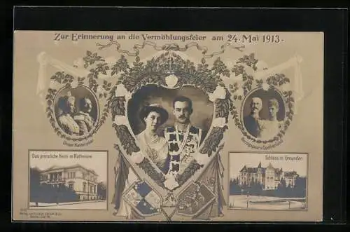 AK Gmunden, Schloss, Kaiserpaar von Hannover, Herzogspaar von Cumberland, Zur Erinnerung an die Vermählungsfeier 1913