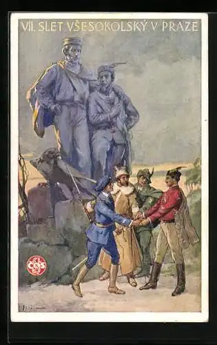 AK Prag, VII. Slet Vsesokolsky Sokol 1920, Soldaten reichen sich vor Denkmal die Hände