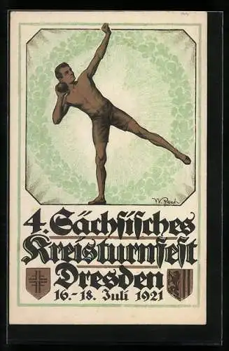 Künstler-Lithographie W. Pech: Dresden, 4. Sächsisches Kreisturnfest 1921