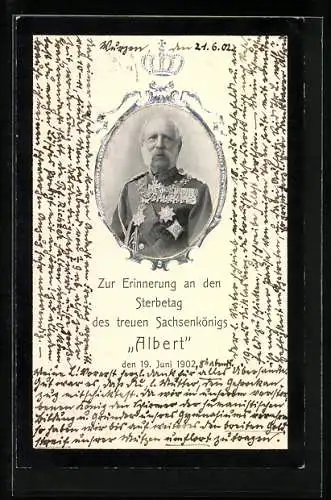 AK König Albert von Sachsen im Portrait, Erinnerung a. d. Sterbetag des Sachsenkönigs am 19. Juni 1902