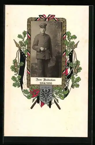 Foto-Collage-AK Soldat in Uniform zum Andenken 1914 /1916