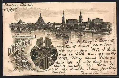 Passepartout-Lithographie Dresden, Blick von der Marienbrücke, Dampfer, Wappen