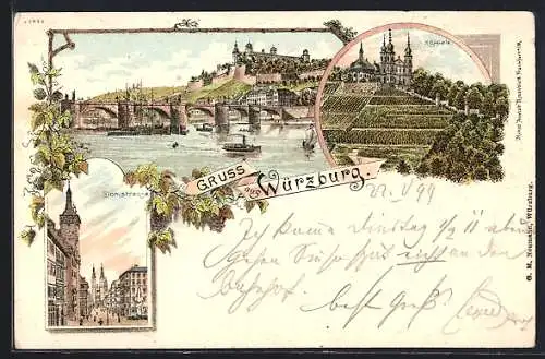 Lithographie Würzburg, Domstrasse, Käppele, Ortsansicht