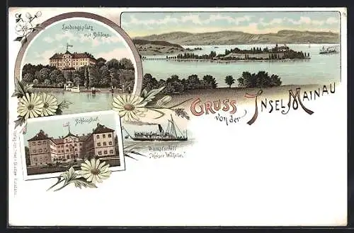 Lithographie Mainau, Ortsansicht, Landungsplatz mit Schloss, Schlosshof