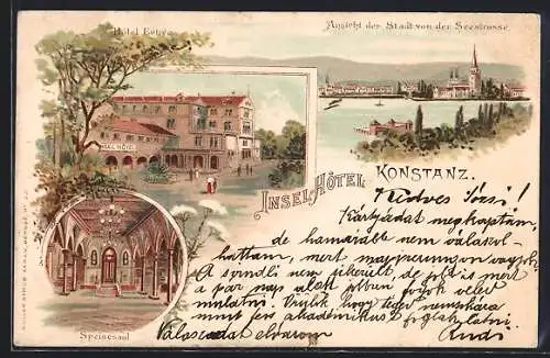 Lithographie Konstanz, Insel-Hotel Entree, Speisesaal, Teilansicht von der Seestrasse