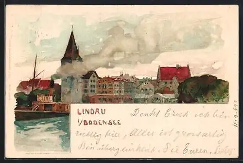 Künstler-AK Lindau, Dampfer vor der Stadt auf dem Bodensee