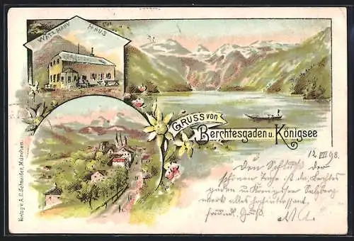 Lithographie Berchtesgaden, Königsee, Ortsansicht, Watzmann-Haus