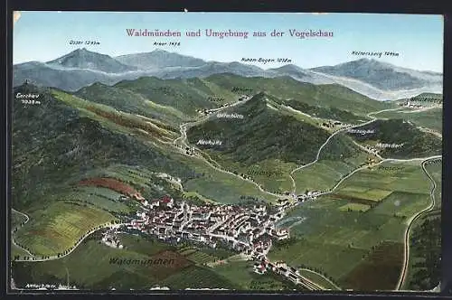 Künstler-AK Eugen Felle: Waldmünchen, Panorama aus der Vogelschau