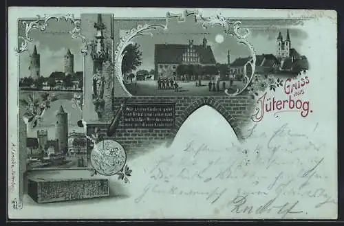 Lithographie Jüterbog, Rathaus mit Kriegerdenkmal, Zinnaer Thor, Nicolaikirche