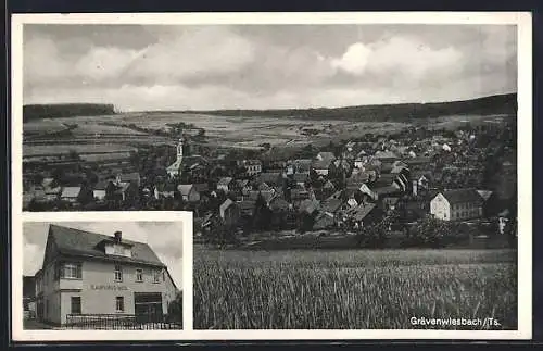 AK Grävenwiesbach /Ts., Ortsansicht von einem Berg aus, Kaufhaus Weil