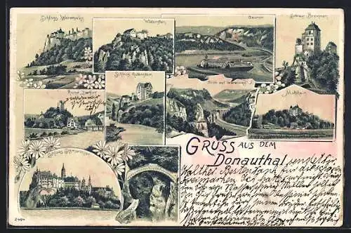 Lithographie Beuron, Blick auf das Kloster, Schloss Gutenstein, Schloss Werenwag