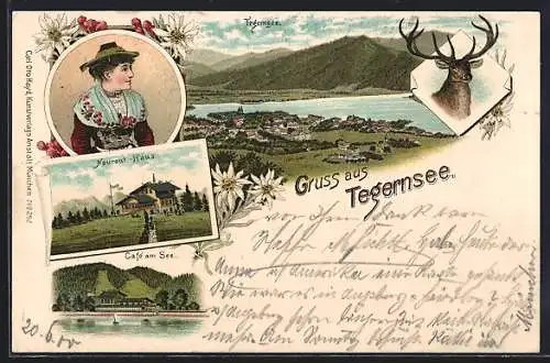 Lithographie Tegernsee, Cafe am See, Neureut-Haus, Ortsansicht, Frau in Tracht, Hirsch