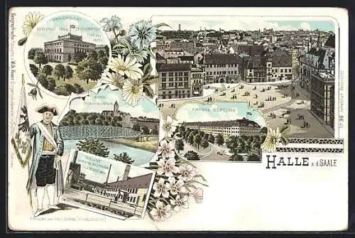 Lithographie Halle a. d. Saale, Franke Stiftung, Universität, Burg Giebichenstein