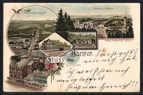 Lithographie Barmen, Bahnhof Tölleturm, Barmer Anlagen und Bergbahn, Luftkurhaus und Tölleturm, Ringeldenkmal