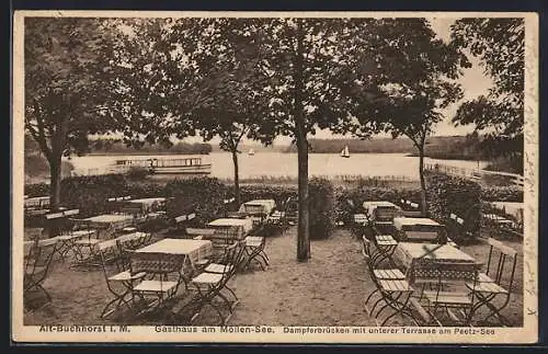 AK Alt-Buchhorst i. M., Gasthaus am Möllensee, Dampferbrücken mit unterer Terrasse am Peetz-See