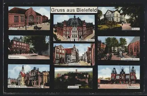 AK Bielefeld, Bahnhof, Gymnasium, Rathaus u. Theater, Postamt, Obernstrasse, Sparenburg, Museum, Leineweber-Brunnen