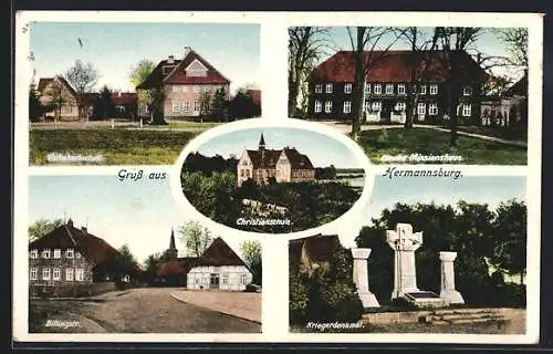 AK Hermannsburg, Volkshochschule, Billingstrasse, Kriegerdenkmal, Christianschule