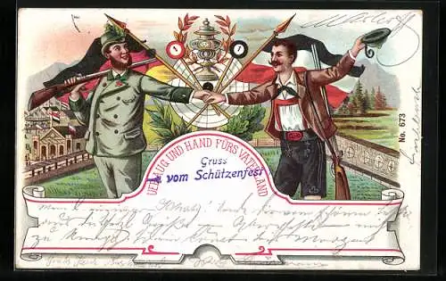 Lithographie Zwei Schützen beim Schützenfest-Üb Aug und Hand fürs Vaterland