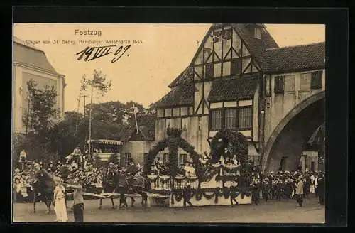 AK Hamburg, XVI. Deutsches Bundesschiessen 1909-Festzug mit Wagen von St. Georg