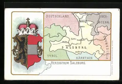 AK Länderkarte mit dem Herzogthum Salzburg und Wappen