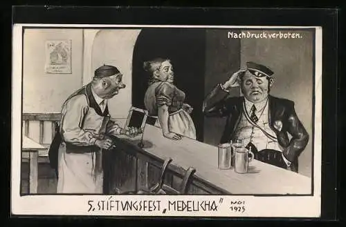 Künstler-AK Student an der Theke beim 5. Stiftungsfest Medeucha 1925