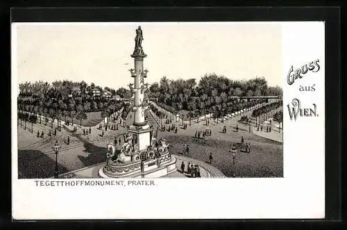 Lithographie Wien, Tegetthoffmonument am Prater aus der Vogelschau