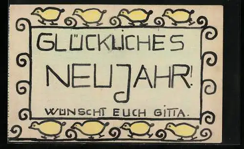 Künstler-AK Handgemalt: Glückliches Neujahr wünscht Euch Gitta