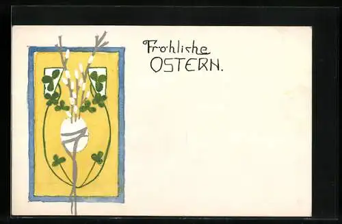 Künstler-AK Handgemalt: Fröhliche Ostern mit Maikätzchen und Klee