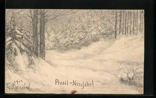 Künstler-AK Handgemalt: Prosit Neujahr im Wald