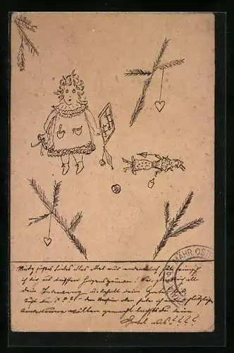 Künstler-AK Handgemalt: Mädchen mit Drachen und Puppe